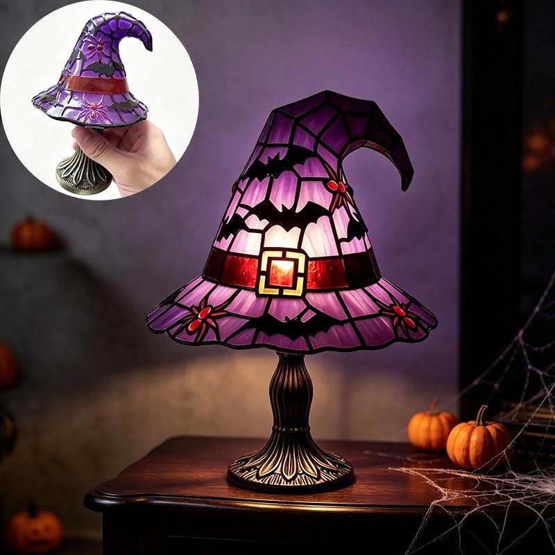 Halloween Stained Resin Witch Hat Lamp USB Powered Creative Table Lamp Night Light For Living Room Home Bedroom Decorations