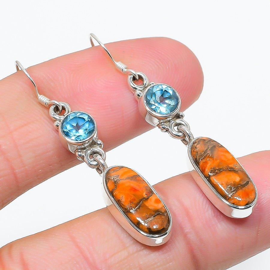 Natural Orange Copper Turquoise 925 Solid Sterling Silver Earring 1.75" c4G77
