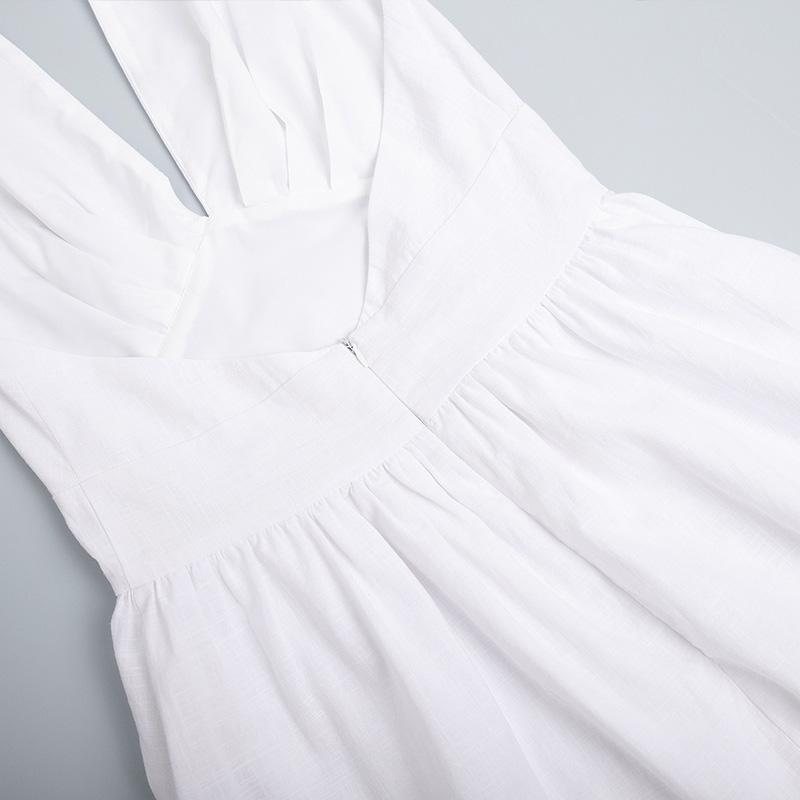 Bílé bavlněné halter šaty s výstřihem do V, sexy odhalená záda, dámské šněrovací A-line šaty, top v pase, velká sukně, módní plážové šaty na dovolenou, léto nové