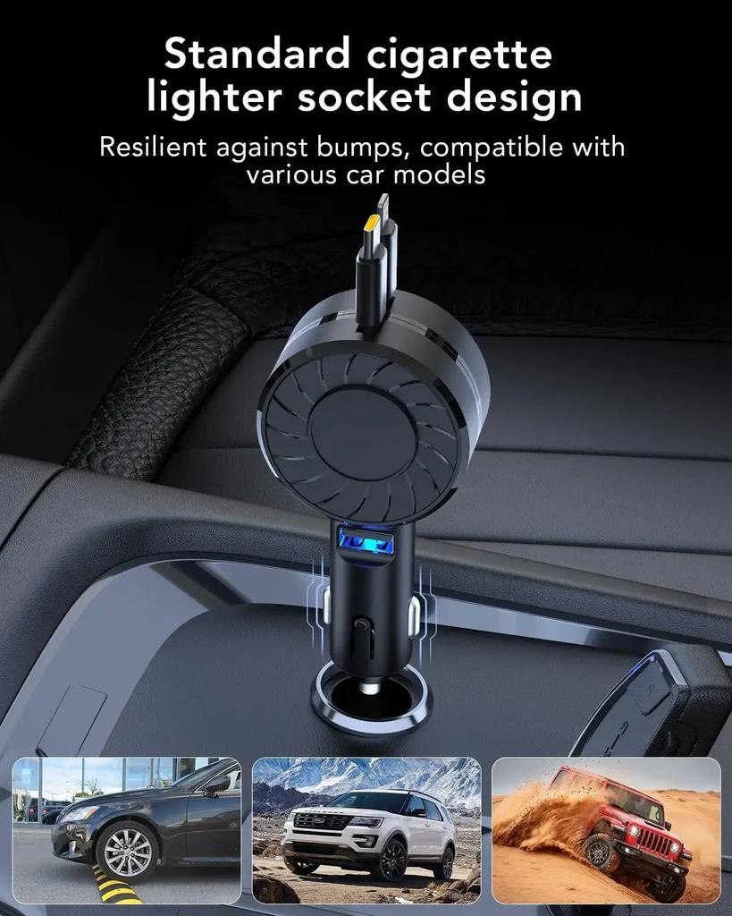 3-in-1 Retractable Car Charger Small 30W Super Fast Charging 31.5 Inch Retractable Cable Car Phone Charger For iPhone Samsung