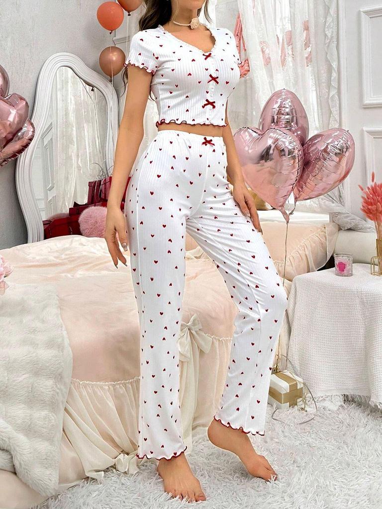Europäischer & Amerikanischer Damen Pyjama Set mit Herzprint, Kurzarm - Draußen tragbar, Zweiteilige lange Hose Homewear