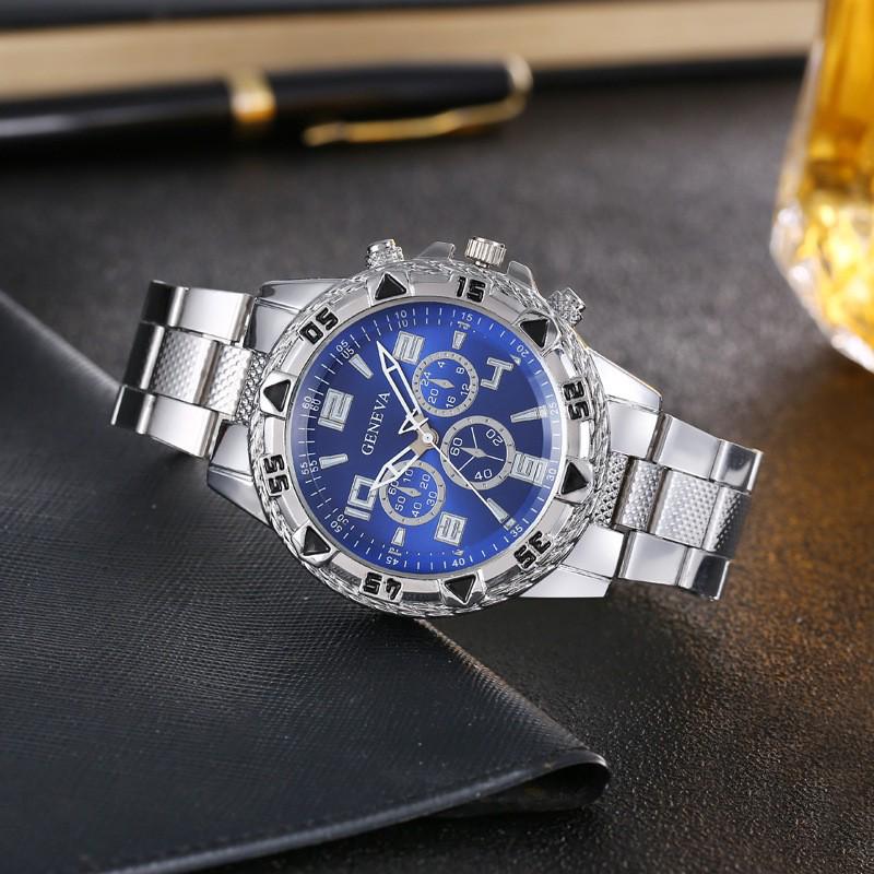 Men's Blue Light Glass Quartz Watch with Steel Band and Triple Sub-Dials