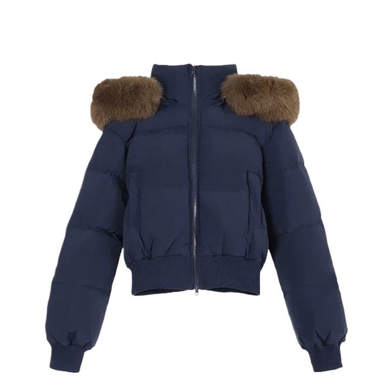 Damen Winter Pufferjacke Kurz Mit Kapuze Dicke Baumwolljacke Mit Kunstpelzkragen Marineblau Lockere Passform