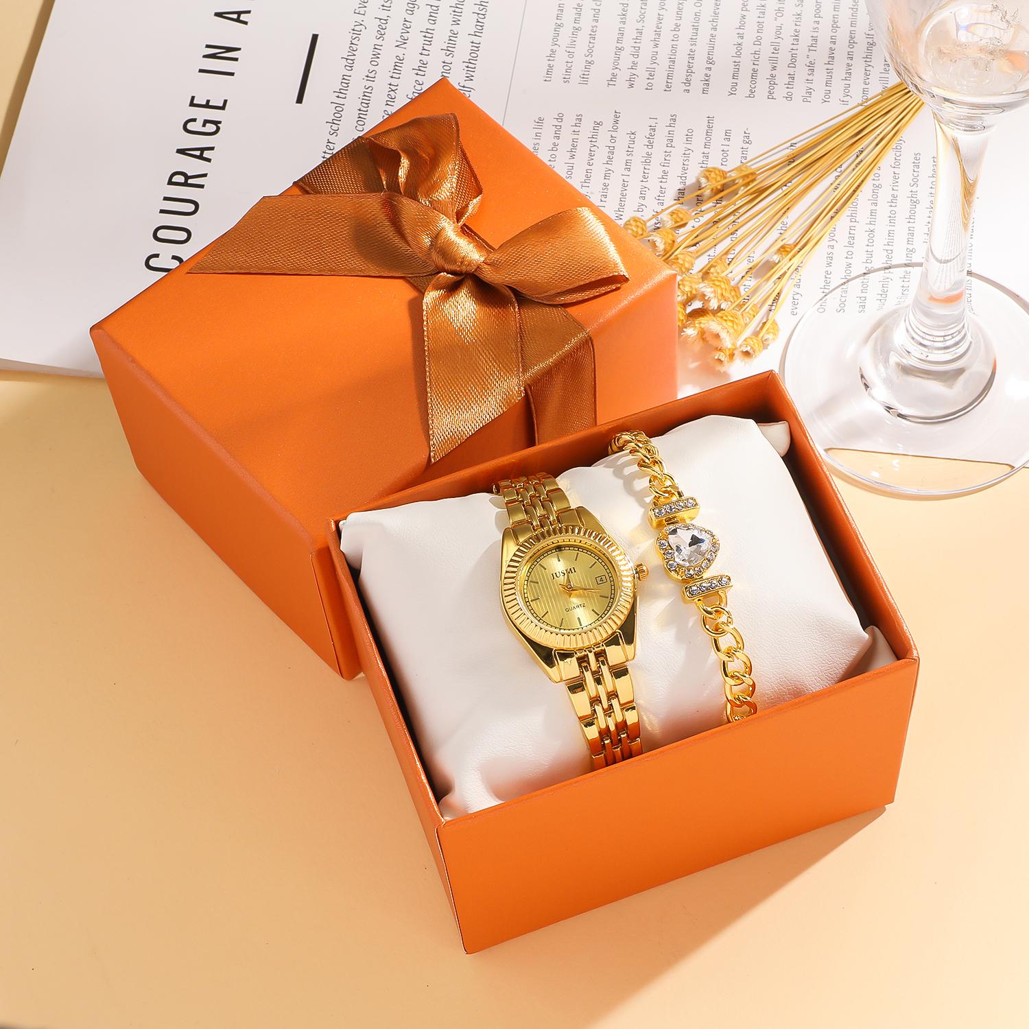 

Набор из 2 предметов: диск серии «Дерево» с календарем без подарочной коробки, кварцевые модные часы со стальным браслетом золотой