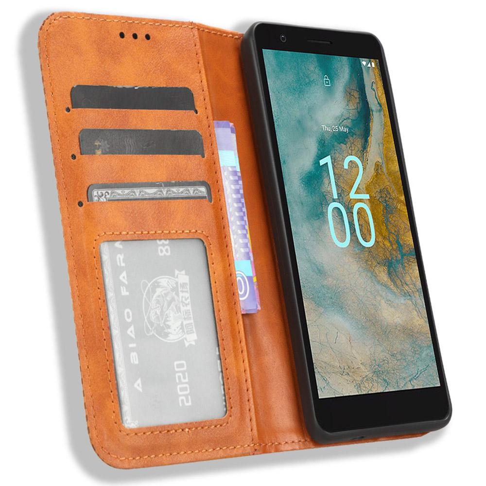 

For Nokia C02 Magnetic PU Leather Mobile Case Shockproof Stand Wallet Phone Cover Brown