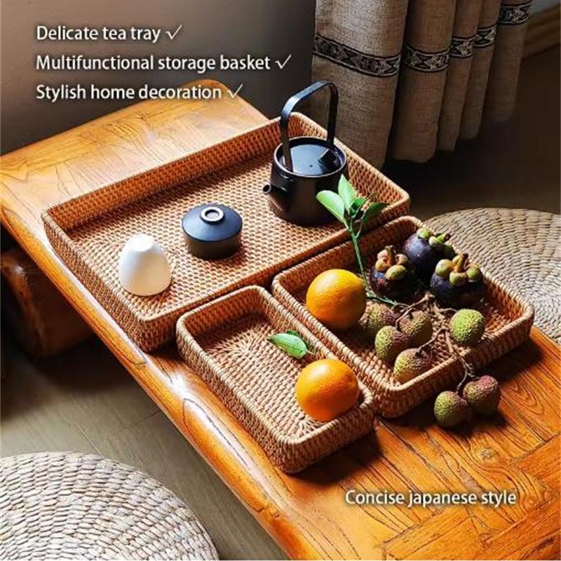 Rattan Serving Tray, Rectangle Basket Wicker Storage and Organizing Baskets, Natural Decorative Woven Tray for Home Decor