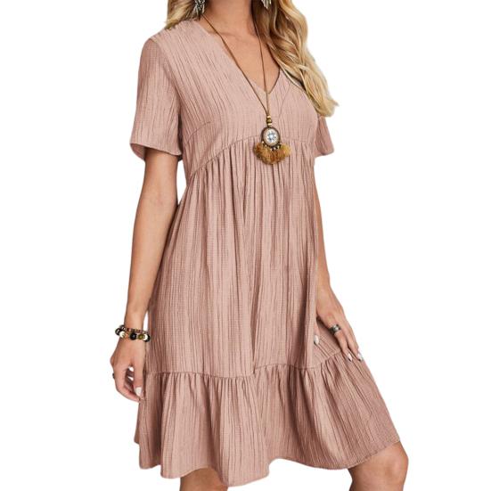 

Summer Dress for Women Short Sleeve Pleated V Neck Dress Tiered Swing A Line Dress Casual Flowy Beach Sundress S