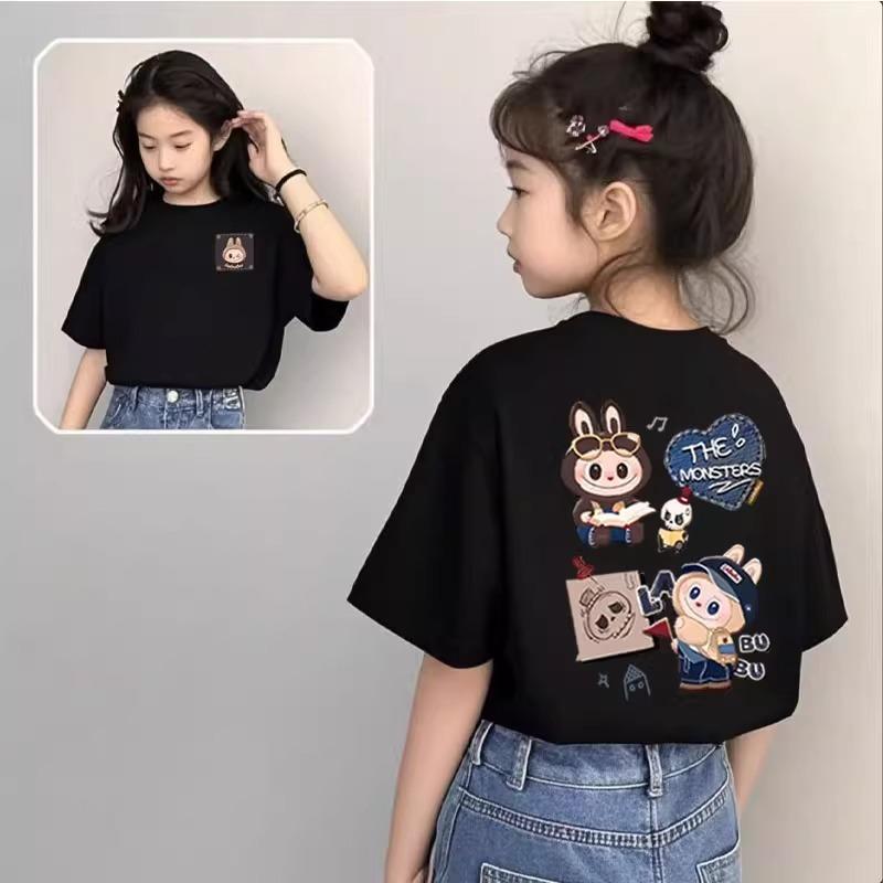 Cartoon Monster Elf Labubu Kids Adult Letter Printed T-shirt Summer Casual Women's Tees Top Girl and Boy Short Sleeve Clothing