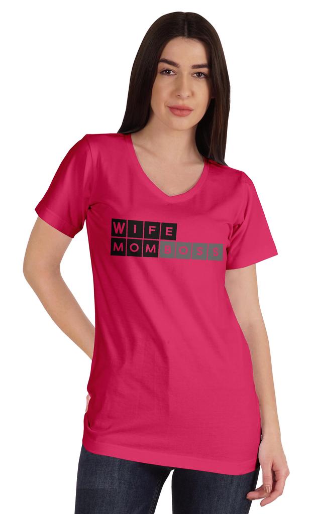 Inkmeso Wife Mom Boss Women Tshirt Cotton Top V-neck Mother’s Graphic Tee Shirt