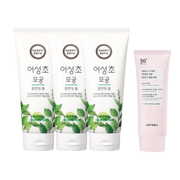 HAPPY BATH Eoseongcho Pore Cleansing Foam 200g x3 + ARTDELI Melacut Sunscreen 50ml