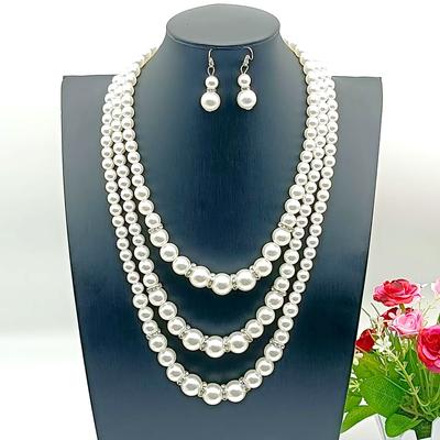 European and American Popular French Highlight New Three-layer Size Pearl Mixed and Matched Necklace Temperament Necklace Earrings Set