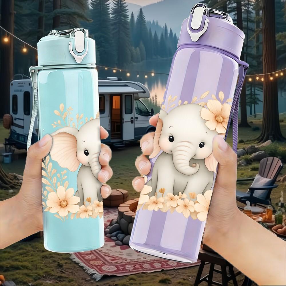 1PC Soft Floral Baby Elephant 750ml Color Plastic Sports Water Bottle Leakproof Flip Straw Lid Suitable for Sports Office Home Use