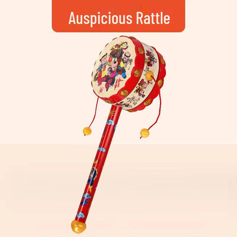 Chewable Wooden Sheepskin Drum Rattle for Newborns, Traditional Handheld Bell Toy for 1-Year-Olds