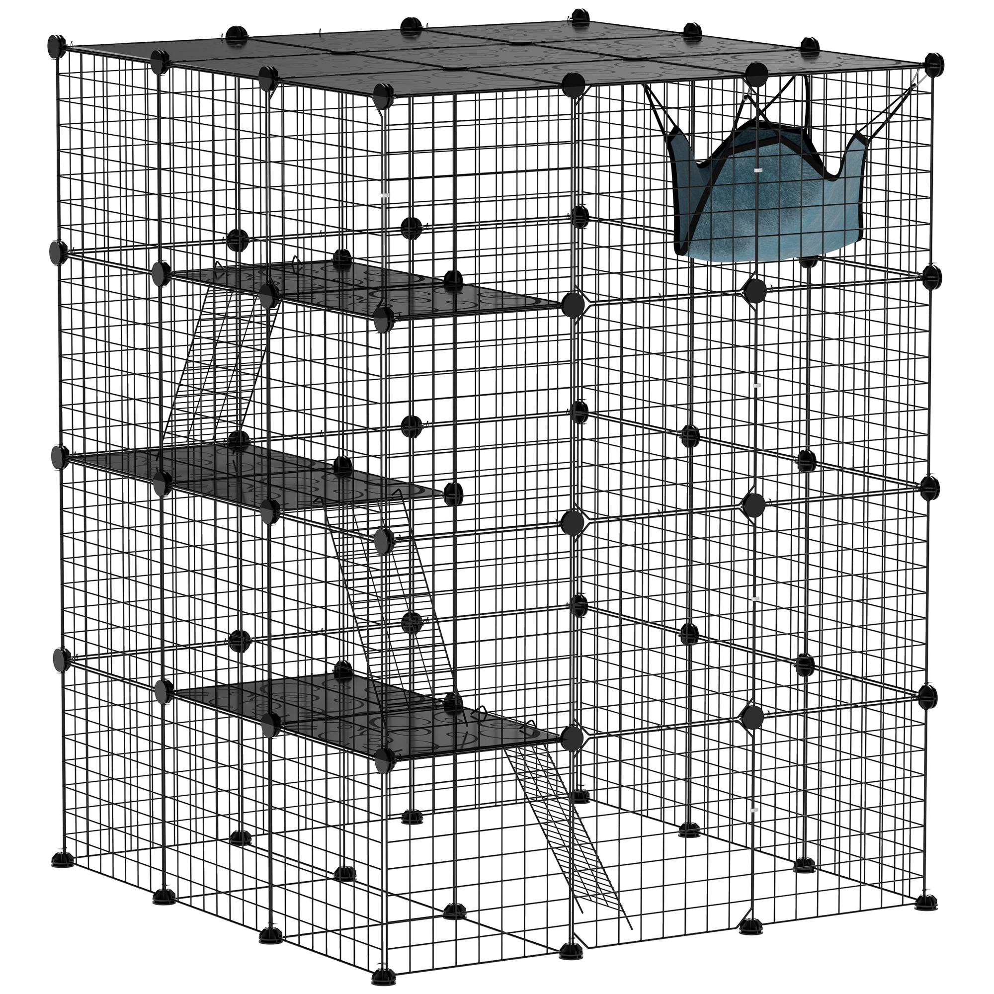 Cage pour Chat en Fil d'Acier Intérieure Avec Hamac Rampes Portes Enclos pour Chat DIY Pour 1 3 Chats Noir