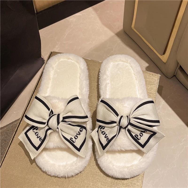 Fashion Casual Fluffy Slippers Women House Flats Elegant Love Bowknot Designer Shoes Ladies Indoor New Winter Fashion Platform Footwear