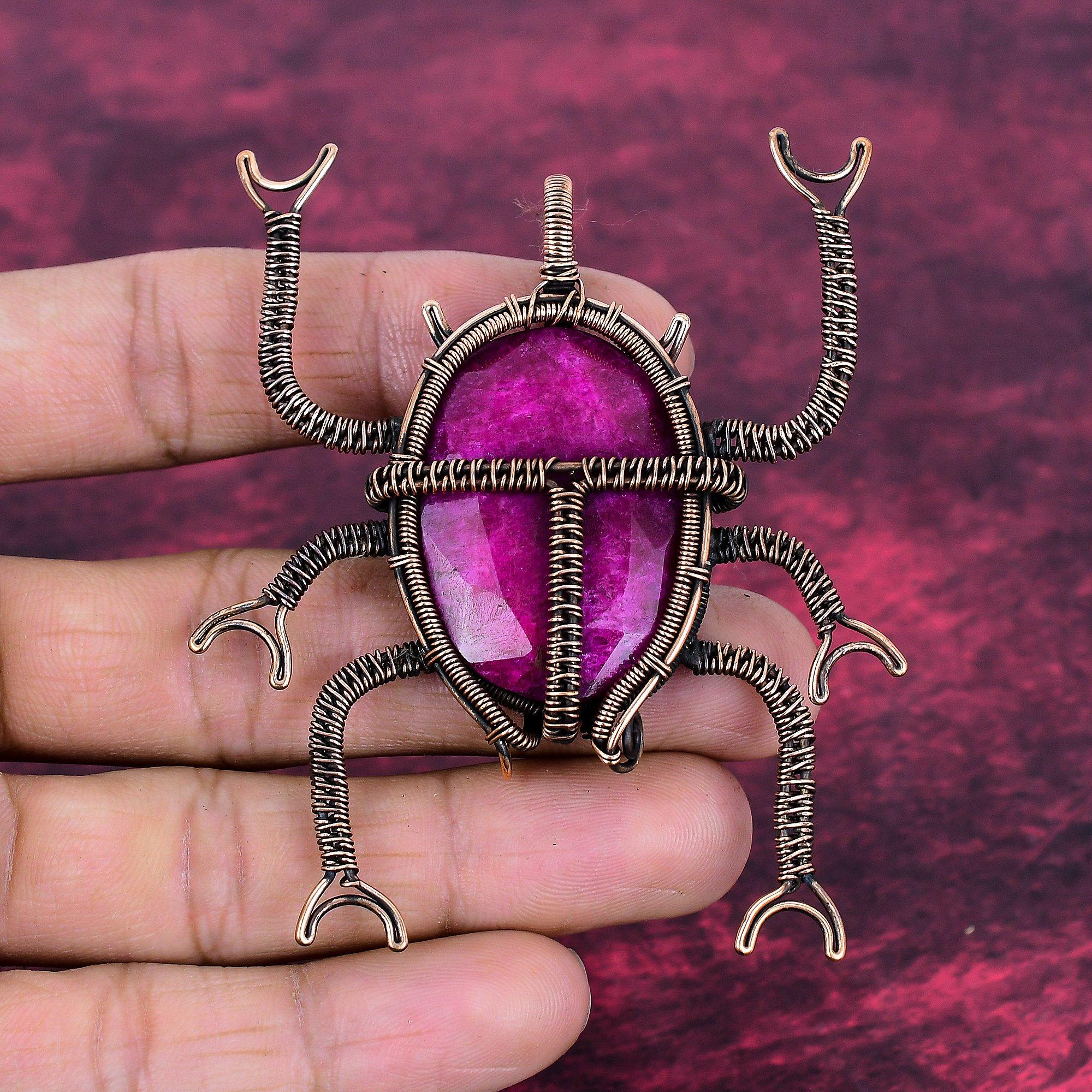 Faceted Kashmir Ruby Pendant Copper Wire Wrapped Jewelry Beetle Gemstone Pendant