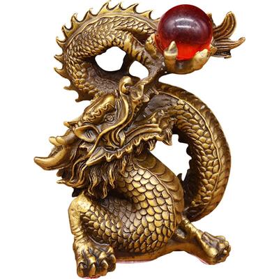 YUYAKESHI Dragon Playing with a Crystal Ball Figurine, Copper, Interior Decor, Feng Shui Item, Lucky Charm, Golden, Amulet, Good Luck, Ornament