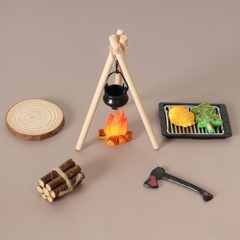 1/12 Miniature Camping Scene Set With Baking Pan For Doll House Outdoor Picnic Scene Accessories And Kids Roleplay Craft