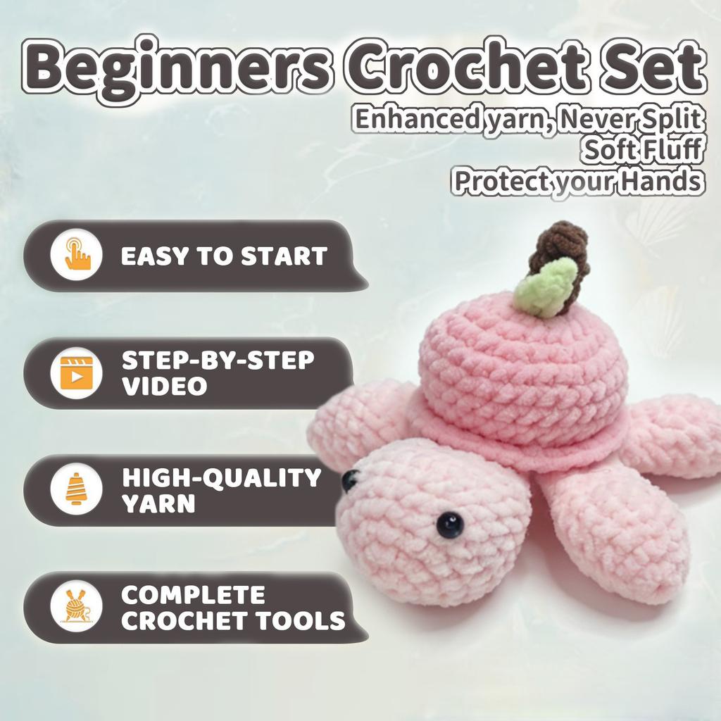YAMAXIN 1pc Peach Turtle Crochet Kit for Beginners,Crocheting DIY Amigurumi Hook Set with Instruction Manual and Video Teaching