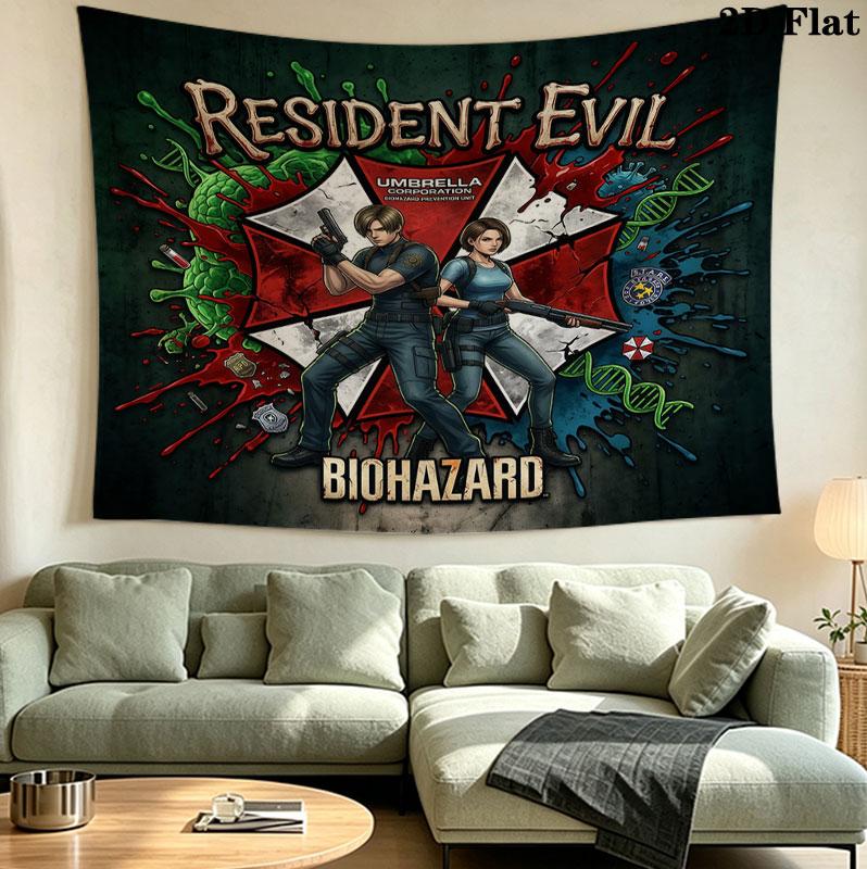 Resident Evil Veggteppe Estetisk Vegghengende Trykt Stoffteppe Dekorative Tepper for Soverom Stue Hjemmeinnredning