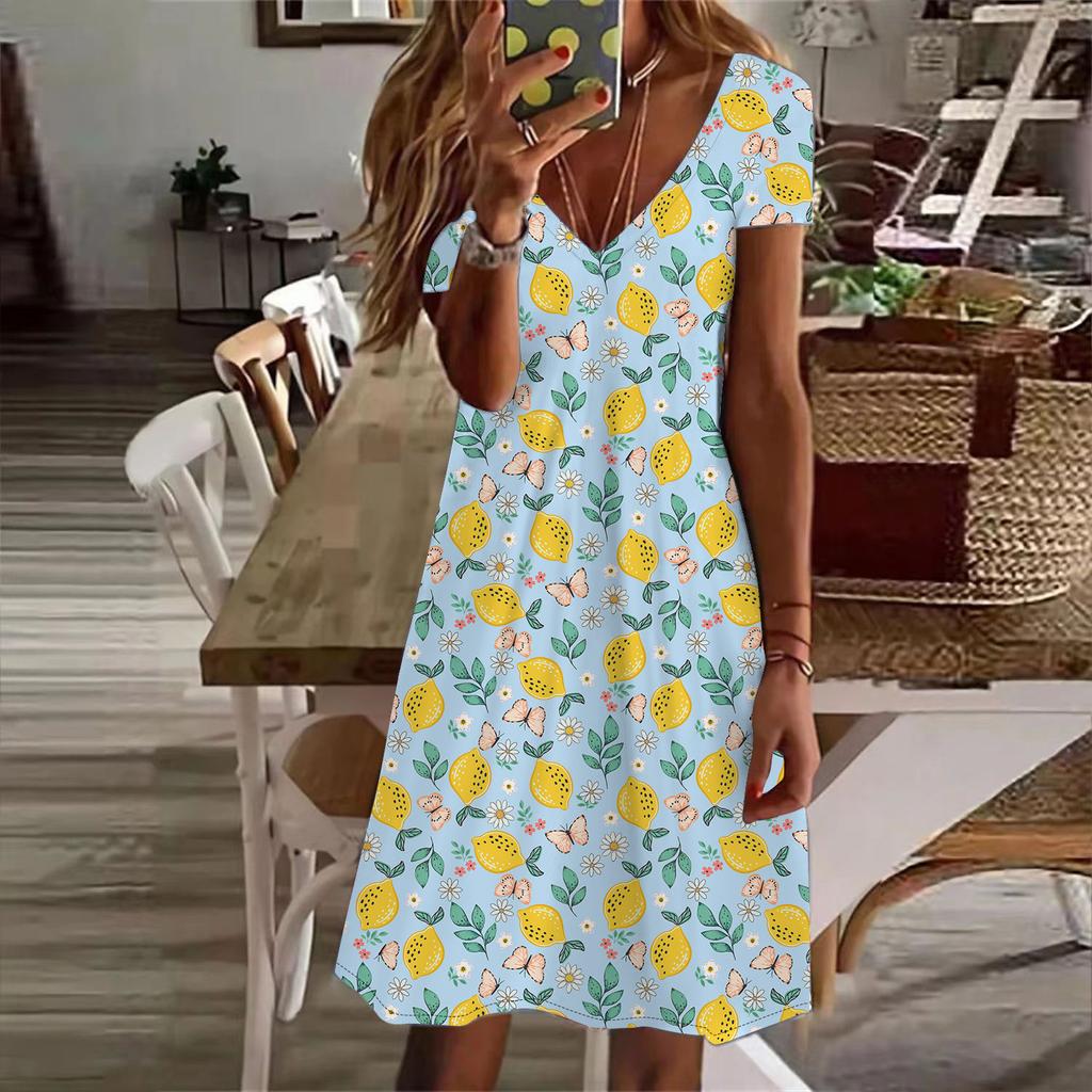 Sommermode Damen V-Ausschnitt Kurzarm Blumen bedrucktes Kleid Sex Kurzer Rock Kleider