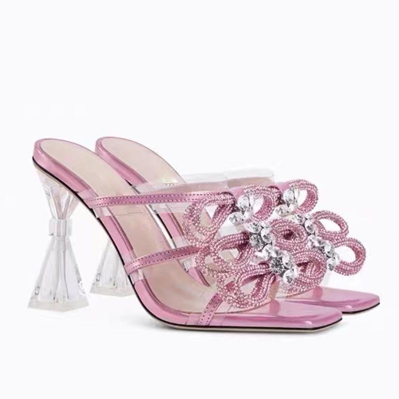 Fashion Clearance!!! Bling Bling Crystals Bowknot Women Sandals Fashion Summr High Heels Mules Slides High Quality Female Shoes