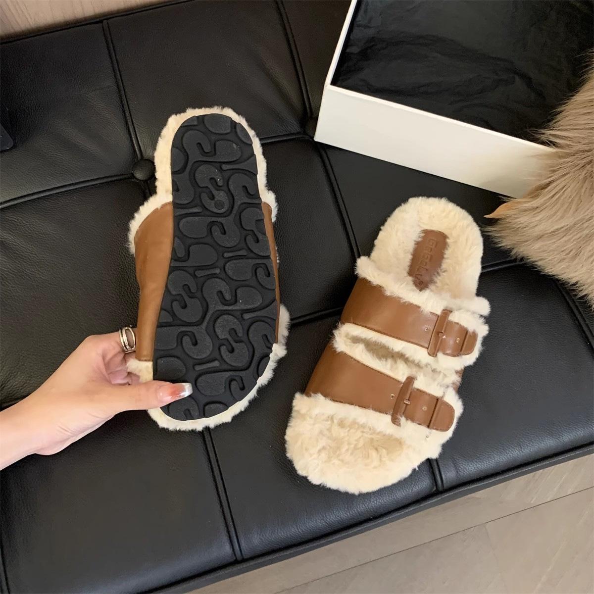 

Шерстяные тапочки с толстой подошвой, женская верхняя одежда из овечьей шерсти, мода 2024 года, мягкие нескользящие тапочки из хлопка Boken для женщин 35 коричневый