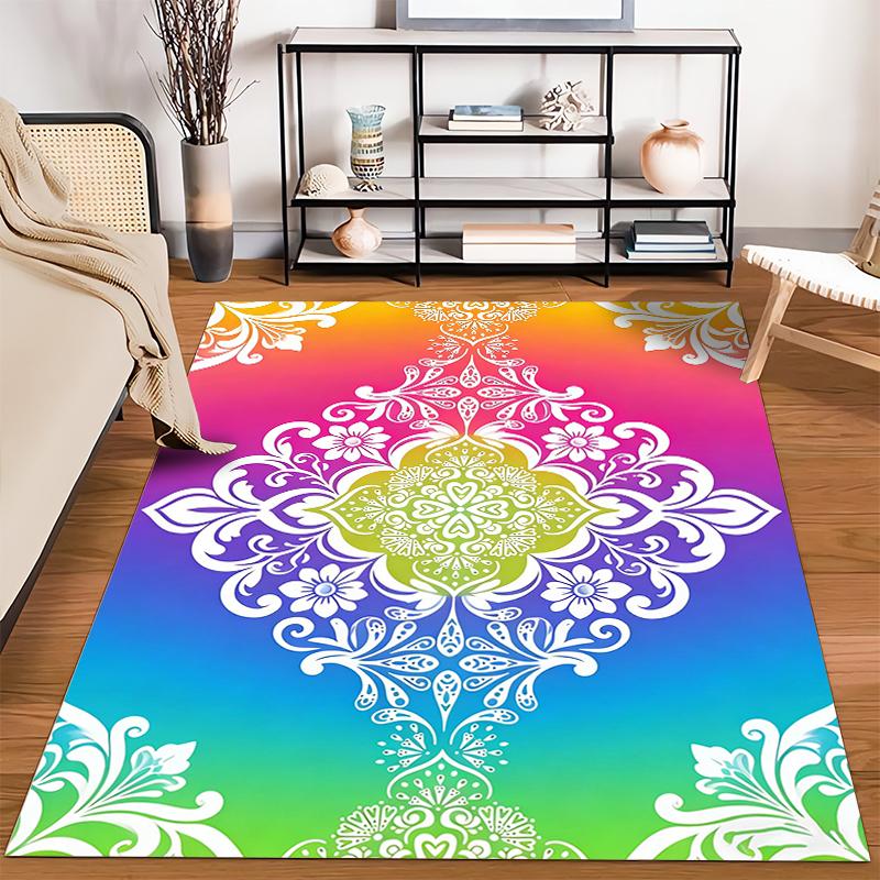 Rainbow Gradient Carpet with White Floral Mandala Pattern Design Suitable for use as an anti-slip for living room bedroom sofas