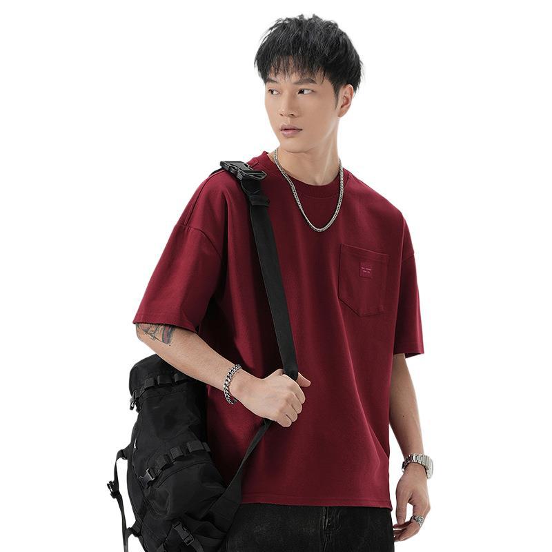Chest Pocket Short Sleeve Heavy 300g Loose Casual and Versatile Shoulder Line Wear T-shirt for Men