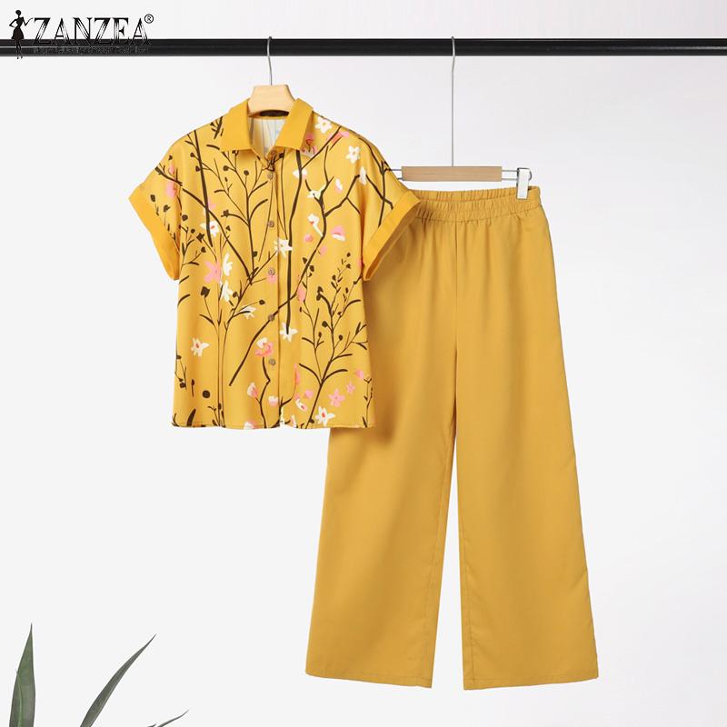 ZANZEA Women Short Sleeve Print Blouse and Pants Summer Two Piece Suit Sets