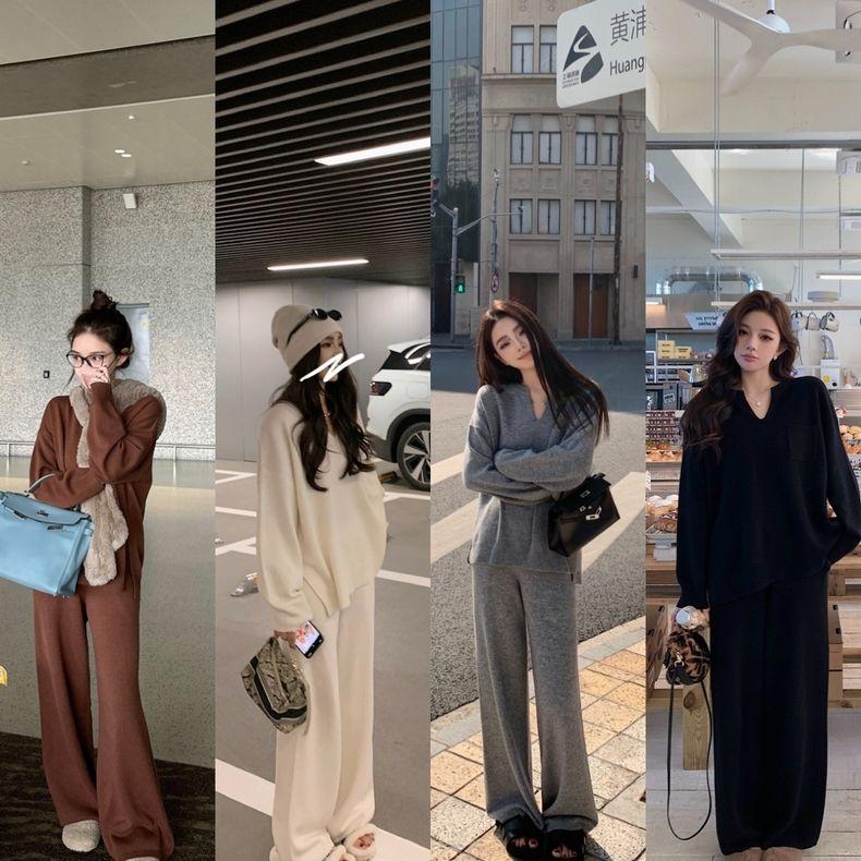 Gentle Style Knitted Set Autumn Winter Sweater Wide-leg Pants Two-piece Set