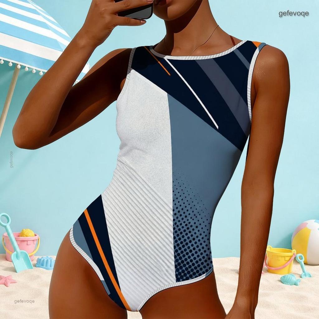 Women Plus Size High Round Neck Sleeveless One Piece Swimsuit Black White Grey Geometric Printed