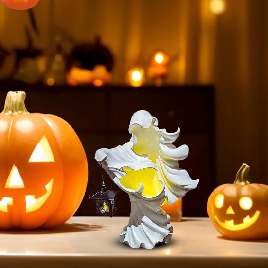 LED Witch Lantern Ornament Halloween Faceless Ghost Sculpture Holding Lantern Vintage Resin Witch Statue for Yard Patio Lawn Decor