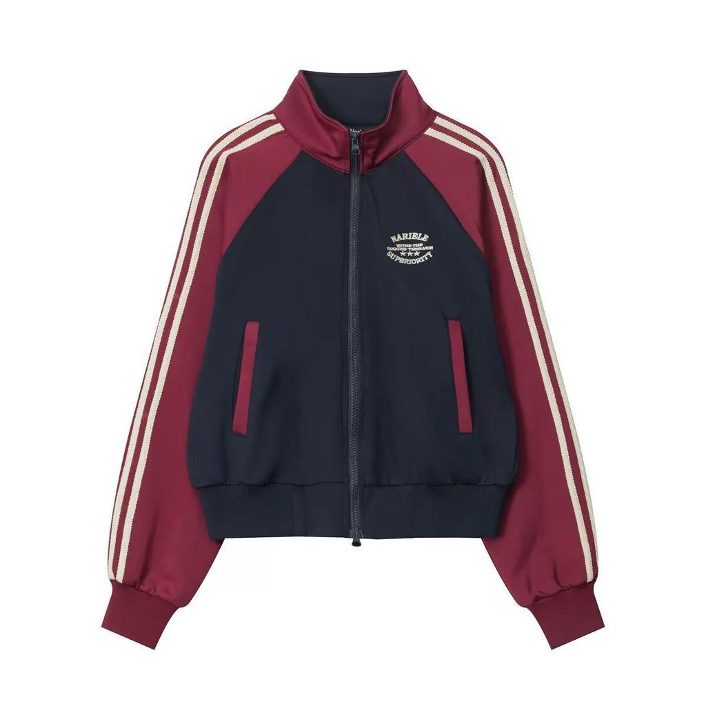 "Women's Slim Fit Striped Stand Collar Cardigan - College Style, Contrast Stitching"
