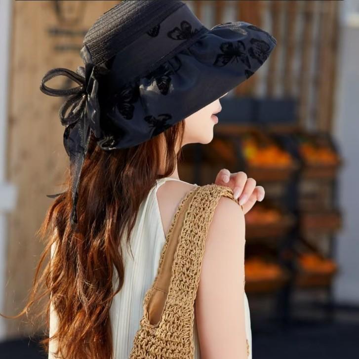 Summer Sun Protection Hat For Women With Butterfly Bow And Floral Pattern Polyester Material