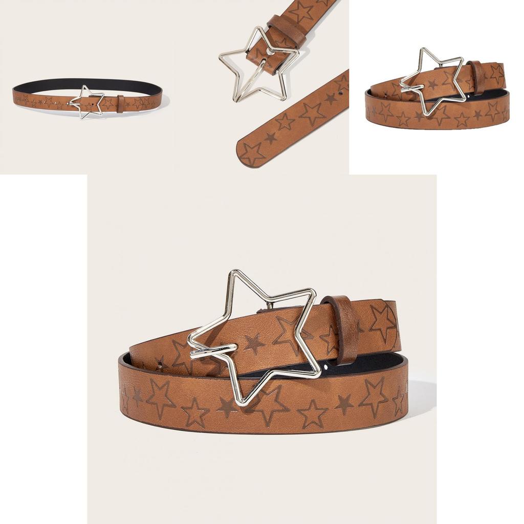 Fashionable Vintage Leather Belt With Starry Embossed Pattern For Casual Looks