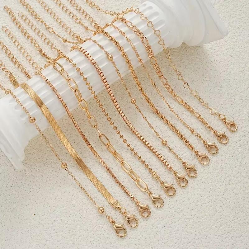 11 Pcs/Set Chic Snake Chain Bracelet Set for Women Boho Simple Elegant Heart Geometric Chain Vacation Date Casual Jewelry Gifts