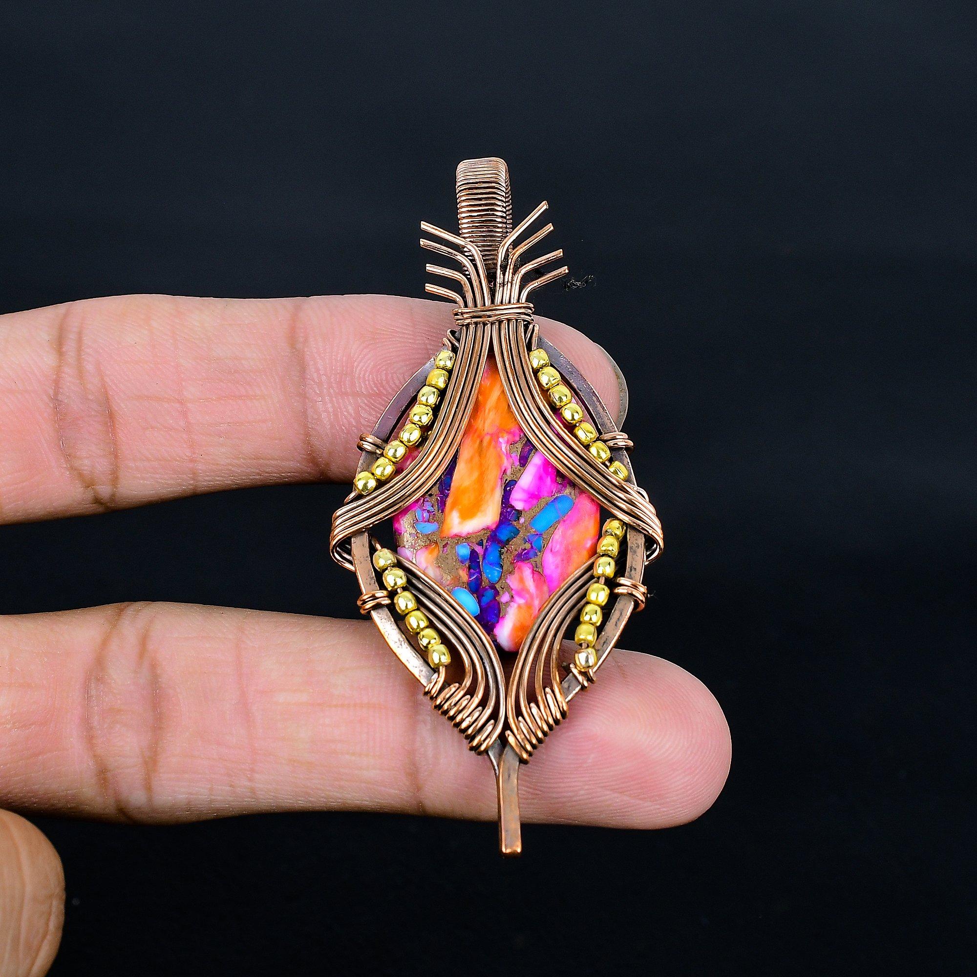 

Pink Kungman Spiny Oyster Pendant Gemstone Handmade Jewelry, 999 Copper Wire Wrapped Pendant, Gift For Wife Jewelry 2.55 Inches