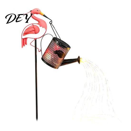 Decorative Flowing Water Effect Lamps Flamingo Garden Statue with Solar Watering Can Lights, Iron Outdoor Light Strings Lawn Ornament for Patio