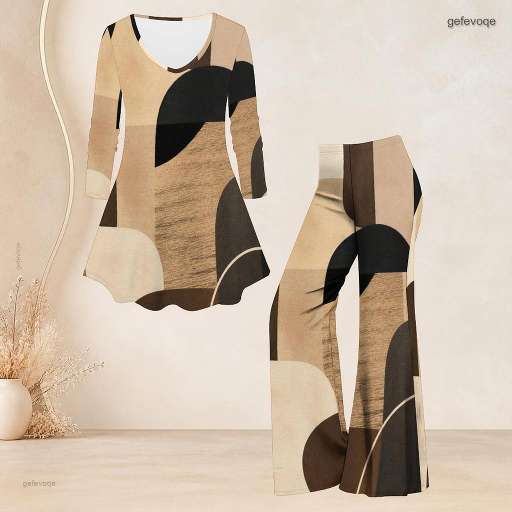 Women Plus Size Round Neck Three Quarter Sleeve Printed Flared Top And Flared Pants Two Piece Set
