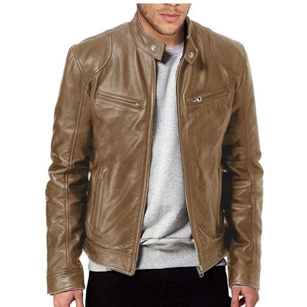Men's Leather Jacket Autumn and Winter Zipper Pocket Cardigan Men's PU Leather Standing Collar Motorcycle Jacket Leather Jacket