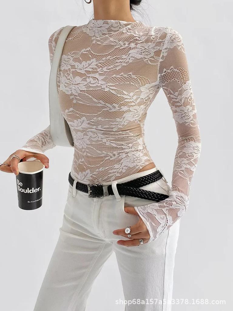 Trendy European & American Style Slim-Fit Lace Patchwork Long-Sleeve Jumpsuit