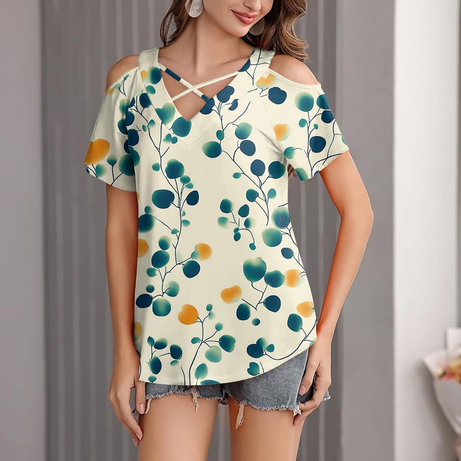 

Женская повседневная футболка с цветочным принтом, открытыми плечами, V-образным вырезом и короткими рукавами XL жёлтый