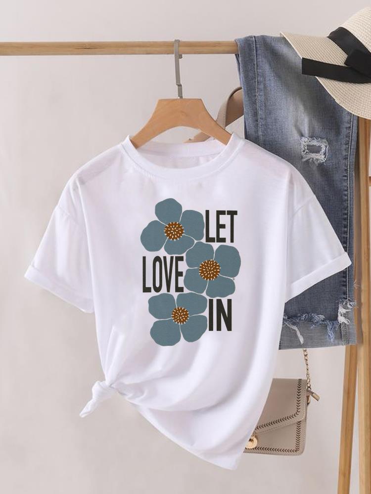 (Asian Size) Sweet Flower Printed Clothing Lady Female Top Casual T Shirt Fashion Short Sleeve T-shirts Women Graphic Tee