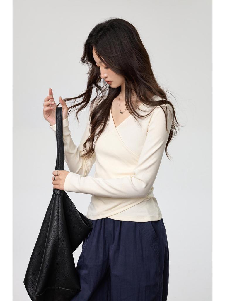 Yuke 260g Pleated Waist-Slimming V-Neck Long Sleeve T-Shirt – Women's Autumn Fashion