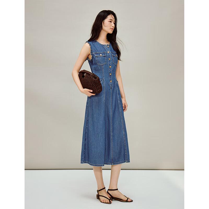 INMAN French Elegant Round Neck Sleeveless Denim Dress