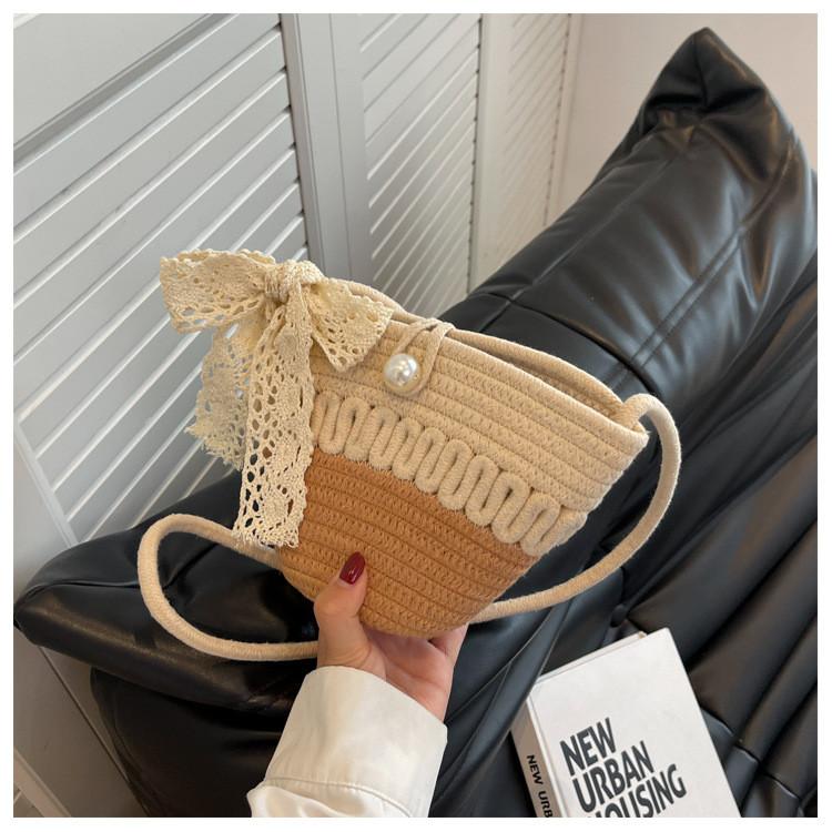 Bow Solid Decoration Color Children Woven Shoulder Bag For Summer Daily Use