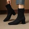 Autumn and Winter Square Head Medium Heel Martin Boots Leather Elastic Fleece Rear Zipper New Low Boots Square Heel Large Size Short Boots Women