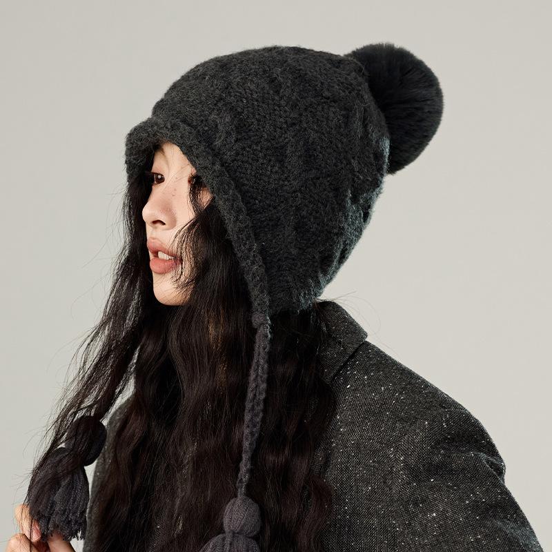 Winter Solid Color Fringed Hairball Knitted Hat Women's Wool Hat Fashion Ear Hat