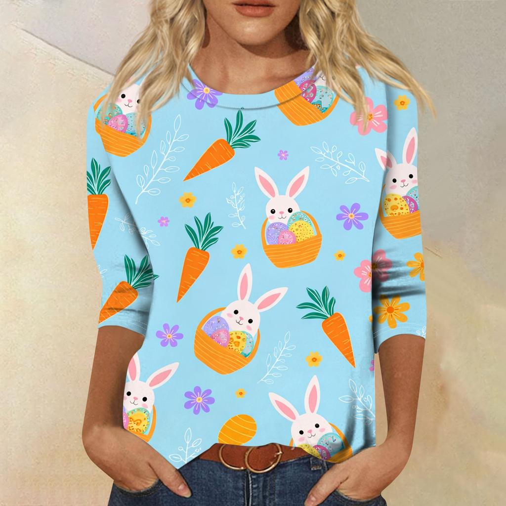 Top da donna casual con stampa di elementi pasquali, girocollo